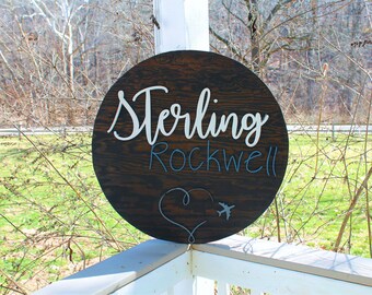 Custom Nursery Baby Name Crib Sign Wood Round 3D Raised Text Boys Girls Room Contemporary Minimalist Wall Art Announcement Gift Baby Shower