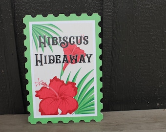 Rental Name Sign Hibiscus Hideaway Flower Stamp Edge Your Custom Logo Rental BNB Vacation Home Wall Art Address Location