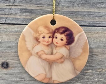 Vintage Angel Embrace Ornament – Ceramic Holiday Keepsake