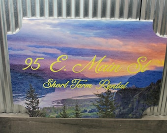Short term Rental Custom Logo Sign Rental BNB Signage Weatherproof PVC Sign Lake Mountains Sky Peaceful Trees Retreat Advertise Address