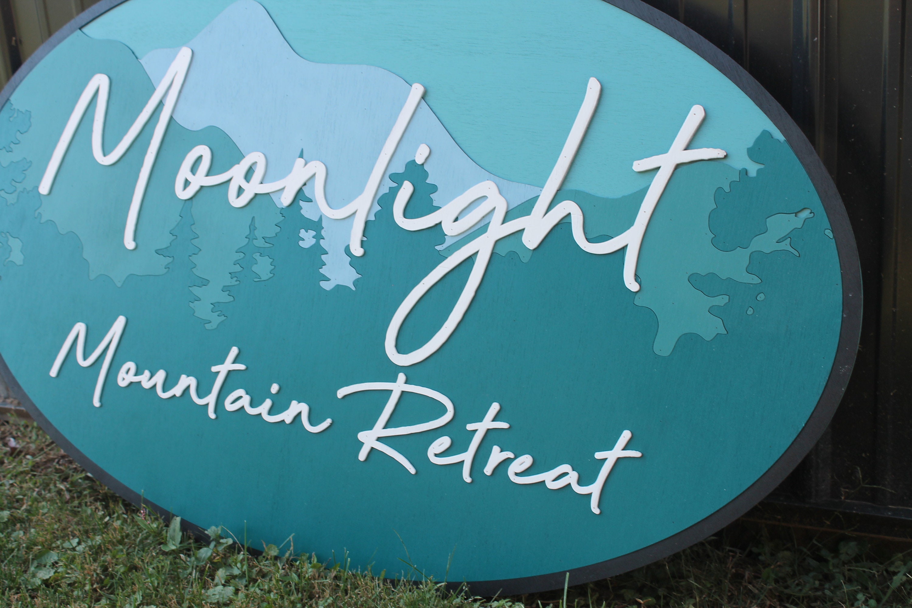Ombre Moonlight Tree Line Forest Retreat Oval 3D Large Custom Signage Indoor Outdoor Laser Cut