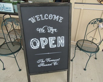 Welcome We Are Open A Frame Freestanding Sign Flannel Company Vermont Small shop Sidewalk Store Front Sign Wooden Sign Chalkboard Style