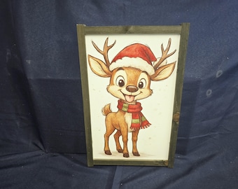 Cheerful Reindeer Christmas Sign – Framed Cartoon Holiday Wall Art with Santa Hat & Scarf