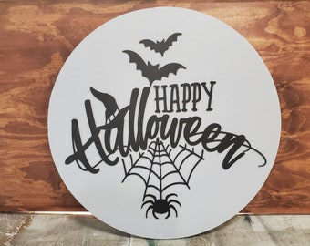 Halloween, Happy Halloween, Spider Web, Bats, Large Circle, Plaque, Round, Gray and Black, Large, 3D, Raised Image, Laser Cut, Sign, Decor