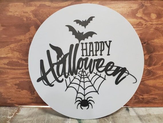 Halloween, Happy Halloween, Spider Web, Bats, Large Circle, Plaque, Round, Gray and Black, Large, 3D, Raised Image, Laser Cut, Sign, Decor