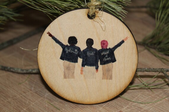 Personalize Your Bridal Party Custom Picture Cartoon Christmas Ornament Wood Slice Wedding Bride Crew Bridesmaids Group Jean Jackets