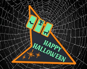 Retro "Happy Halloween" 3D Wood Sign - Bat, Witch & Cat Accents -Festive Wall Decor - Fun Holiday Gift