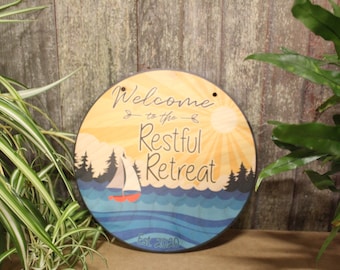 Small Business Sign Beach Restful Retreat Relax Logo Your Actual Logo Round Sign Custom Circle Personalized Plaque Wall Art Color Wood Print