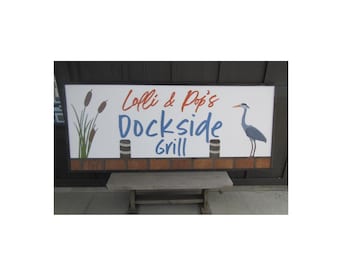 Custom 3D Laser- Cut Wood Dockside Grill Sign – Raised Letters/Details - Coastal Design - Heron & Cattails – Nautical or Restaurant Decor