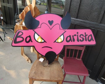 Custom Barista Cafe and Coffee Shop Pink Commerical Signage Handmade 3d Contoured Sign Your Logo Business Devil Retro Wooden Sign