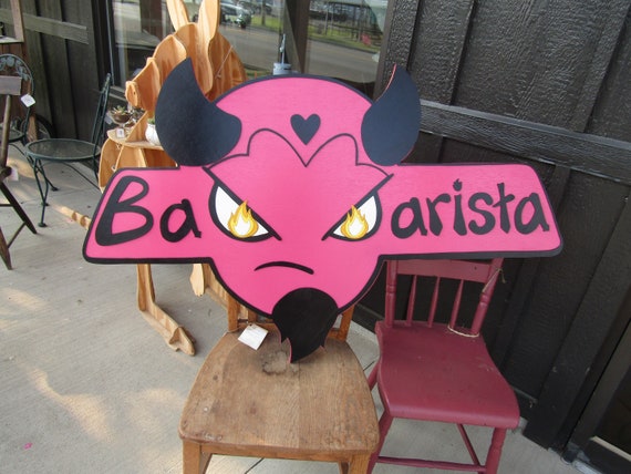 Custom Barista Cafe and Coffee Shop Pink Commerical Signage Handmade 3d Contoured Sign Your Logo Business Devil Retro Wooden Sign