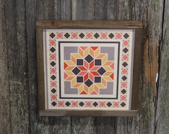 Barn Quilt Wood Sign Pastel Star Stars Country Brown Framed Square Pattern Block Print Wall Art Farmhouse Primitive Rustic