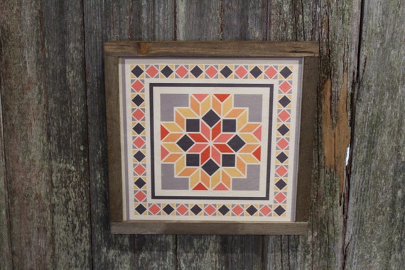 Barn Quilt Wood Sign Pastel Star Stars Country Brown Framed Square Pattern Block Print Wall Art Farmhouse Primitive Rustic