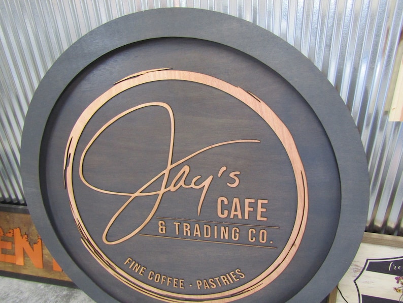 Custom Light‑wood Café Sign • Engraved Coffee Shop Logo • Rustic ...