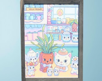 Kawaii Animal Café Wall Art – Cute Cat & Dog Friends in Cozy Pastel Kitchen Scene – Whimsical Nursery, Playroom, or Home Decor Print