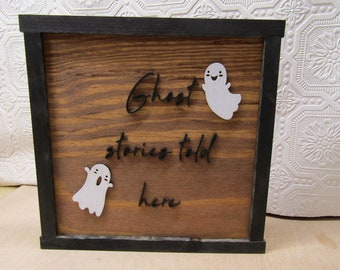 Wooden Halloween Sign Ghosts Ghost Stories Told Here Theme Cute Spooky Fall Decor Trick Or Treat 3D Raised Text Handmade Framed Signage