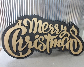 Merry Christmas Santa Snowman Stocking Tree Seasonal Festive Wooden Decor Decoration Sign Black and Gold Winter Contour