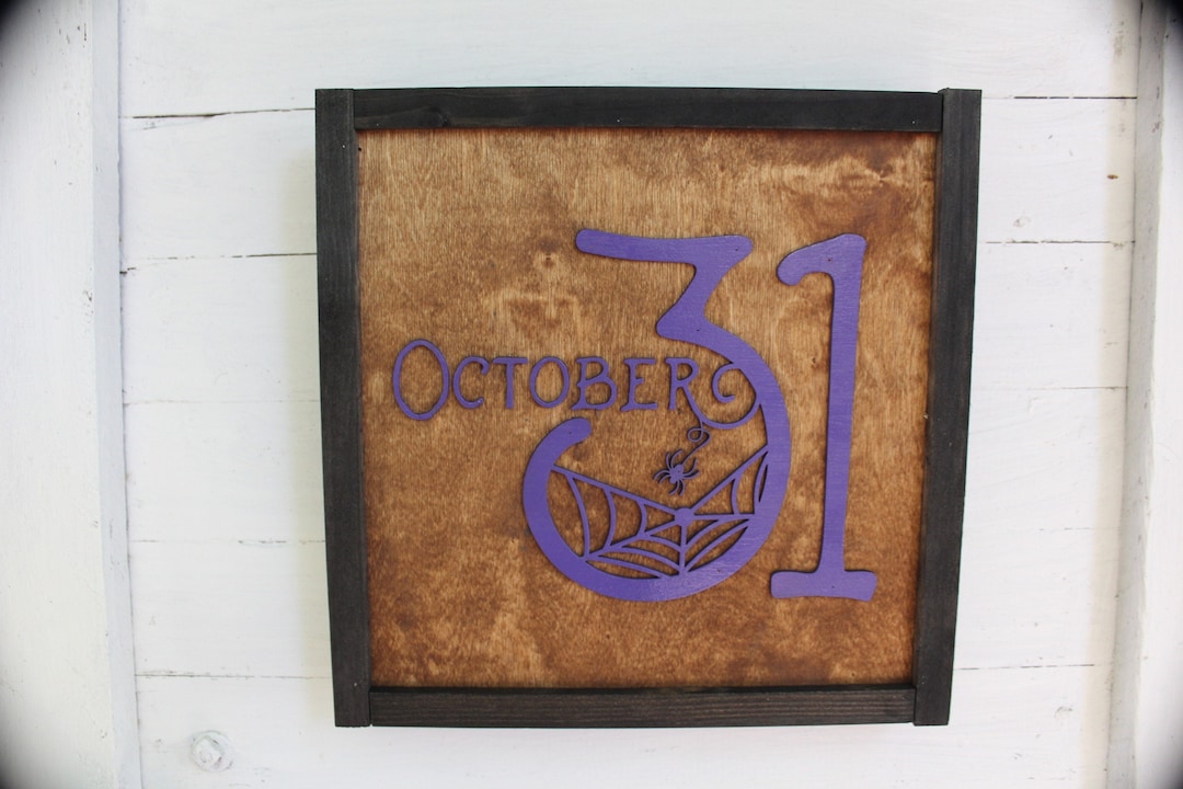 October Sign Print October 31st Halloween Square Wood Sign Rustic Purple Chic Web Spooky ...