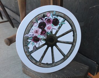 Wagon Wheel Rustic Outdoor Weatherproof Print Floral Roses Yard Art Round Country Farmhouse Cottage Country Decor Western