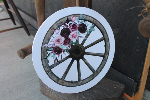 Wagon Wheel Rustic Outdoor Weatherproof Print Floral Roses Yard Art Round Country Farmhouse Cottage Country Decor Western