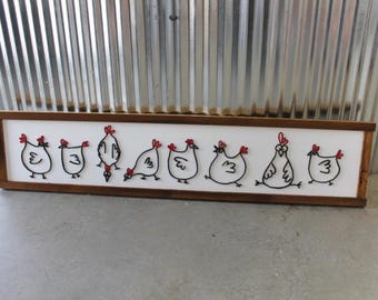 Chicken Raised Graphic 3D Chicks Sign Hens Rooster Country Décor Chicken Coop Line Drawing Happy Pecking Over Sized Rustic Wood 3D Primitive