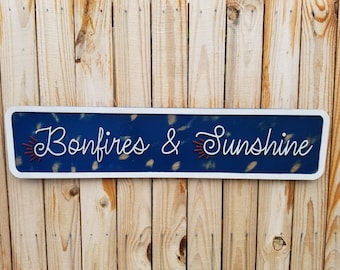 Bonfires and Sunshine Raised Text Wood Sign Camping Rustic Red White Blue Handmade 3D Patriotic Summer Outdoors Porch Sign Garden Fire
