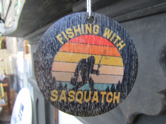 Bigfoot Fishing Sasquatch Goofy Ornament Car Mirror Charm Printed On 6 Bulk Gag Gift Myth Believe In Tale Grassman Retro Color