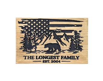 Custom Engraved Wooden Family Name Sign with Painted Accents – American Flag and Mountain Bear Design, Personalized Patriotic Wall Décor