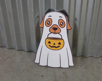 Ghost Dog Costume Cute Lab Golden Retriever Jack-o'-lantern Boo Window Hanging Decorative UV Wood Sign Adorable Signage Halloween Candy