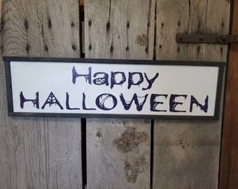 Happy Halloween Script Spider Web Graphic Purple Silhouette Line Art 3D Raised Text Sign Rustic Farmhouse Shabby Chic Wood