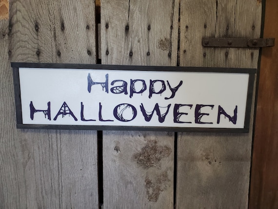 Happy Halloween Script Spider Web Graphic Purple Silhouette Line Art 3D Raised Text Sign Rustic Farmhouse Shabby Chic Wood