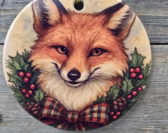 Festive Fox wearing a Wreath Printed on a Ceramic Ornament for your Christmas Tree and Holiday Decor