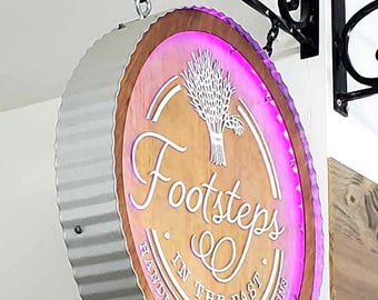 Custom lit wood sign with barn roof metal led light hanging neon sign alternative round circle farmhouse primitive