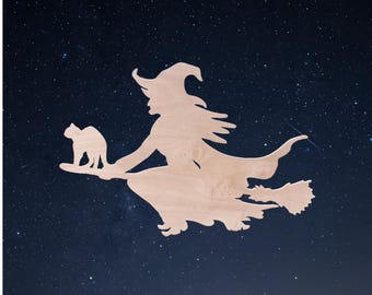 Witch and Cat on Broom Wood Cutout – Natural Wood Silhouette – Halloween Wall Art or Gift