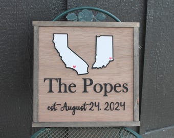 Your Last Name Wood Sign Two States Coming Together Travel 3D Raised Text Location Custom Personalized Your State Established Marriage