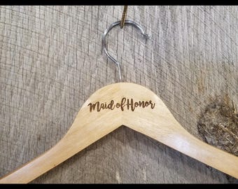 Maid of Honor Engraved Wood Hanger – Natural Wood - Wedding Gift & Bridal Party Keepsake
