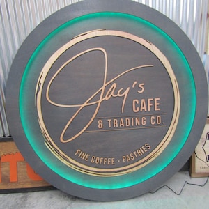 Custom Wooden Cafe Sign Your Logo Commerical Signage Business Store Front Coffee Shop LED Color Changing Remote Handmade Hanging Sign