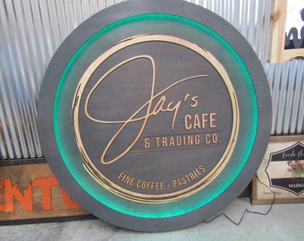 Custom Wooden Cafe Sign Your Logo Commerical Signage Business Store Front Coffee Shop LED Color Changing Remote Handmade Hanging Sign