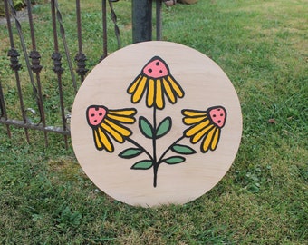 Flower Wildflower 3D Daisy Coneflower Handmade Round Wooden Sign Custom Personalized Logo Circle Raised Yellow Garden