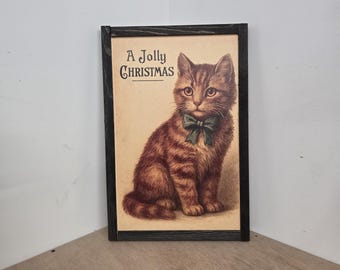 Vintage Christmas Kitten Sign – Framed Holiday Wall Art with Green Bow & “A Jolly Christmas” Text
