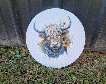 Cow Scarf Furry Highland Sign Flower Sunflower Printed Cow Lovers Porch Girl PVC Weatherproof Doorhanger Outdoor Use