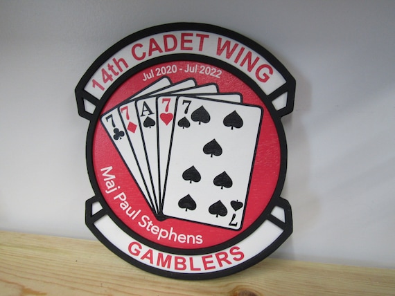 Custom Sign Cards Cadet Gamblers Club Contoured Award Games Poker Company 3D Made to Order Front Logo Wooden Handmade Hearts Spades Flush