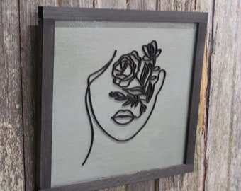 Woman's Face Lady Wood Sign Plant Flowers Organic Botanical Salon Beauty Shop 3D Raised Décor Decoration Minimalist Wall Art Handmade