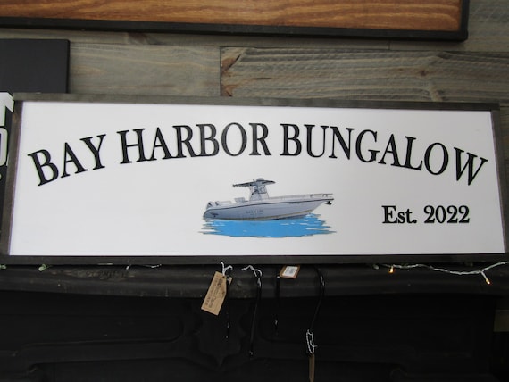 Custom Personalized Sign Bay Harbor Bungalow Boat Commerical Signage Printed Image Logo Company Name Lake Ocean Style 3d Wooden Sign