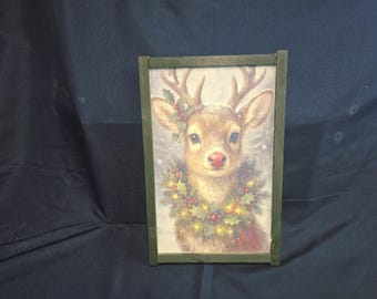 Rudolph the Red Nose Reindeer with Wreath Printed Wood Sign for holiday decoration