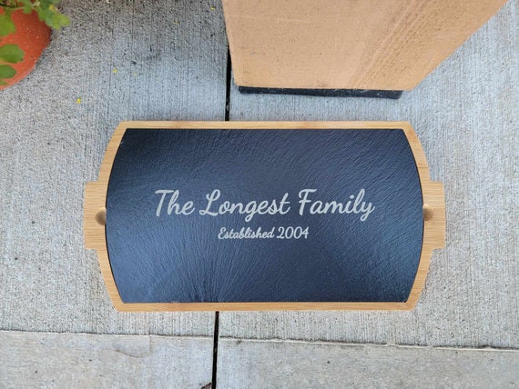 Wedding Gift New Home Valentines Day charcuterie board Wood and Slate Cutting Printed Personalized Create Your Own Name Family Engaged