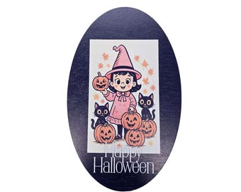 Printed Oval Wood Halloween Sign – Cute Witch and Black Cats Retro Pumpkin Wall Décor
