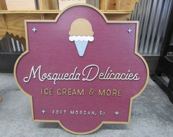 Custom Handmade Contoured Sign 3D Ice cream Shop Indoor Outdoor Food Service 3D Raised Lettering Design Your logo Business Name Here Wood