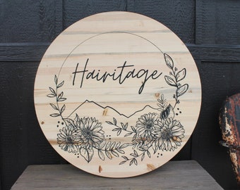 Salon Floral Sunflowers Wood Carved Engraved Color Filled Business Commerical Signage Your Logo Handmade Custom Pine Wood  Round Sign