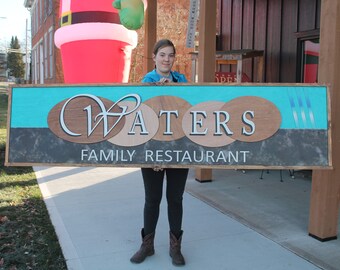 Custom Oversized Family Restaurant Waters Brown Blue Logo Printed and Raised Letters Handmade Wooden Signage Commerical Business